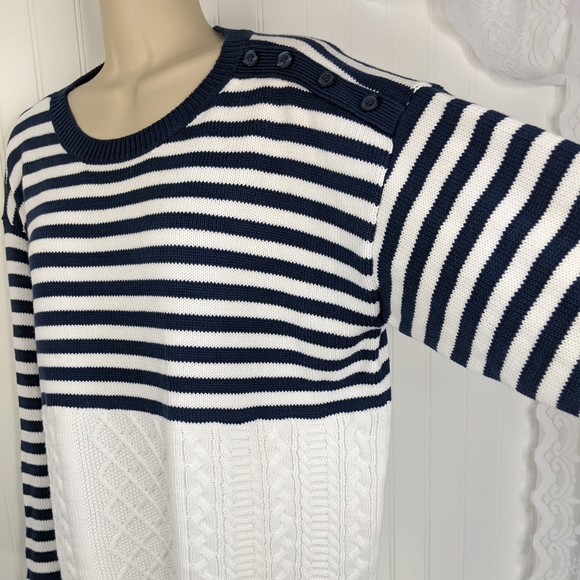 ORVIS Navy White Preppy Stripe Cable Knit Sweater Sz L - Picture 4 of 15